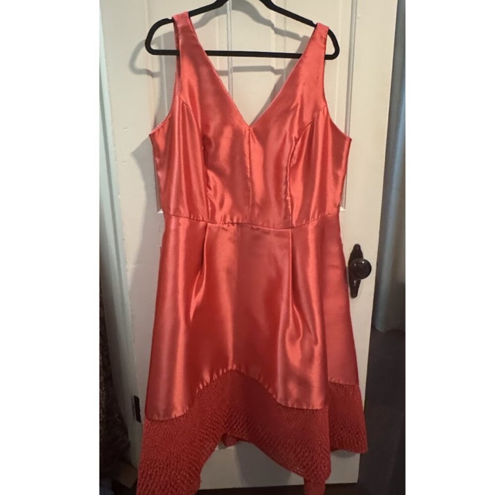 MONIQUE LHUILLIER High Low Laced Sleeves V Neck Cocktail Evening